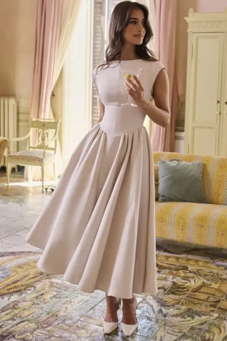 Abito midi senza schienale in raso moiré color tortora “Debutante”