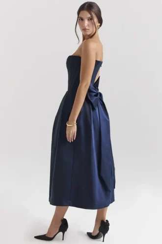 Abito midi senza spalline con fiocchi staccabili Bellina blu notte
