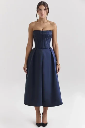 Abito midi senza spalline con fiocchi staccabili Bellina blu notte