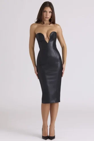 Abito midi senza spalline in pelle vegana nera Shia