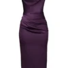 Abito midi senza spalline in raso color uva “Santana”