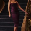 Abito midi senza spalline in raso color uva “Santana”