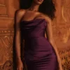 Abito midi senza spalline in raso color uva “Santana”