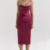 Abito midi senza spalline in raso Santana Berry