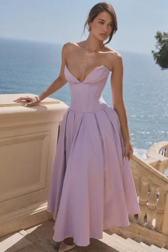 Abito midi senza spalline in tulle e twill Lady Orchid