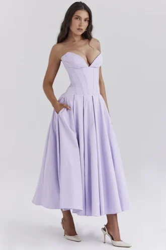 Abito midi senza spalline in tulle e twill Lady Orchid