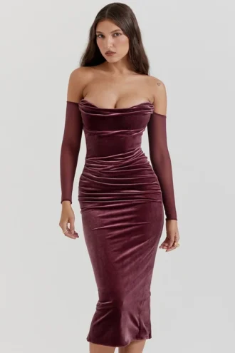 Abito midi senza spalline Leora Mulberry