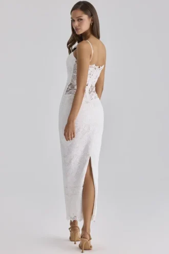 Abito midi Serenella in pizzo broderie anglaise bianco