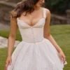 Abito mini a corsetto Brigitte in cotone bianco con ricamo inglese