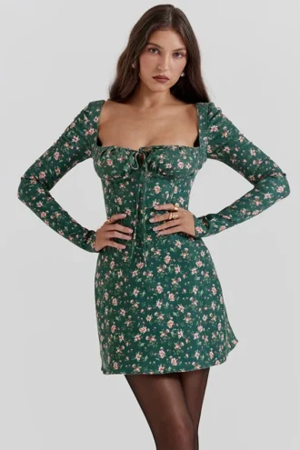 Abito mini a corsetto con stampa floreale verde Malika