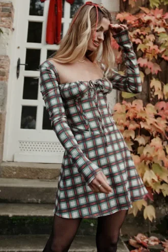 Abito mini a corsetto in tartan rosso Malika