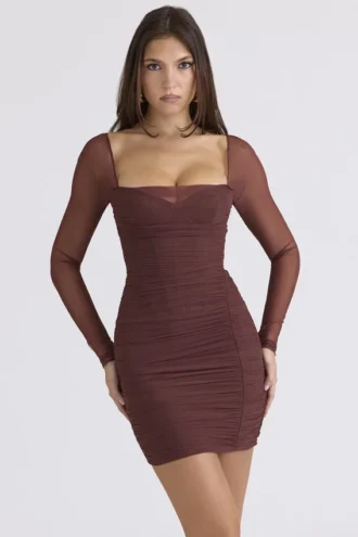 Abito mini a maniche lunghe in rete Anouk Mocha