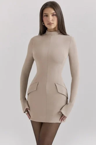 Abito mini a maniche lunghe Mahalia color tortora