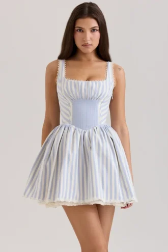Abito mini a righe blu con pieghe Liesl
