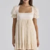 Abito mini babydoll Regency in raso avorio Bambi + pizzo broderie anglaise