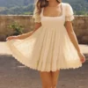 Abito mini babydoll Regency in raso avorio Bambi + pizzo broderie anglaise
