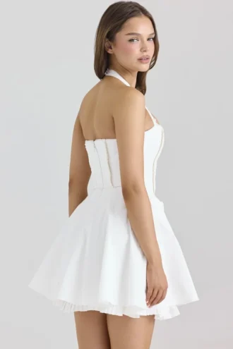 Abito mini bianco in cotone elasticizzato con scollo all’americana “Heidi”