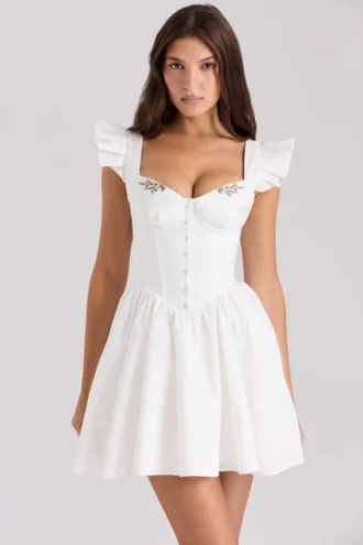 Abito mini bianco in cotone ricamato Sisi
