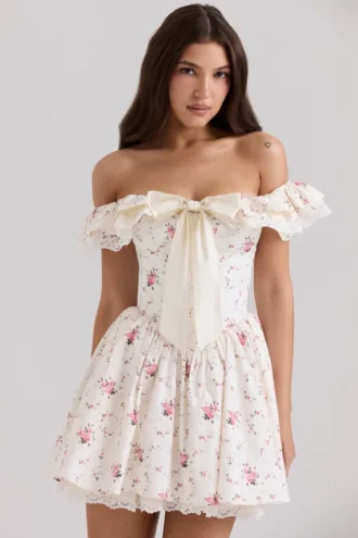 Abito mini con corsetto a bustino e spalle scoperte in cotone elasticizzato con stampa floreale Jaide