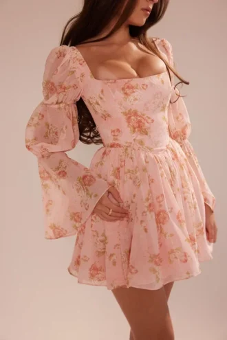 Abito mini con maniche a sbuffo e stampa rosa vintage inglese “Sancia”