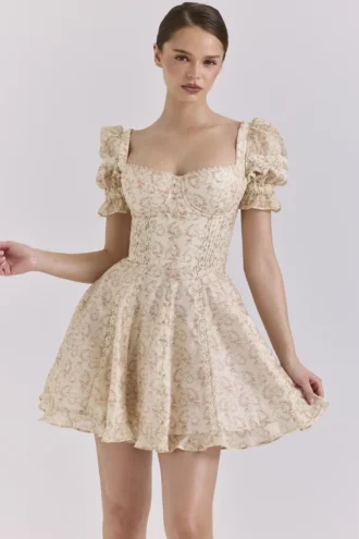 Abito mini con maniche a sbuffo in chiffon con stampa floreale color crema Melita