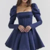 Abito mini con maniche a sbuffo in raso Venetia Midnight