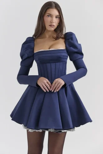 Abito mini con maniche a sbuffo in raso Venetia Midnight