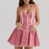 Abito mini con scollo all’americana in cotone a quadretti rossi Heidi