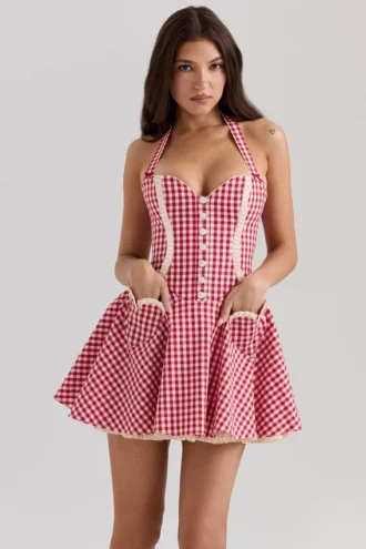 Abito mini con scollo all’americana in cotone a quadretti rossi Heidi