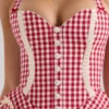 Abito mini con scollo all’americana in cotone a quadretti rossi Heidi