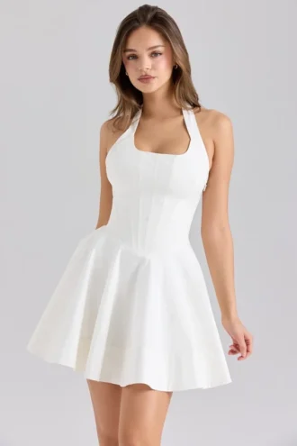Abito mini con scollo all’americana in cotone elasticizzato bianco Sasha