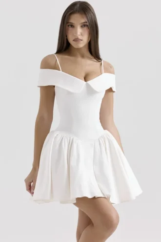 Abito mini con spalle scoperte in twill bianco Elida