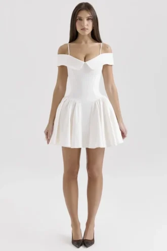 Abito mini con spalle scoperte in twill bianco Elida