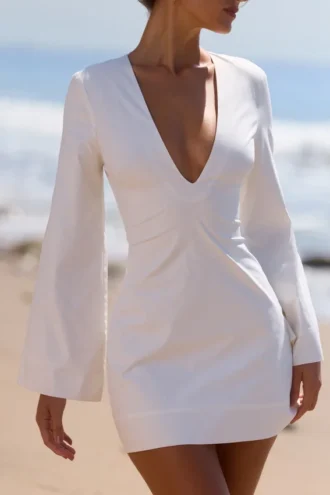 Abito mini in cotone con maniche a campana Isha White
