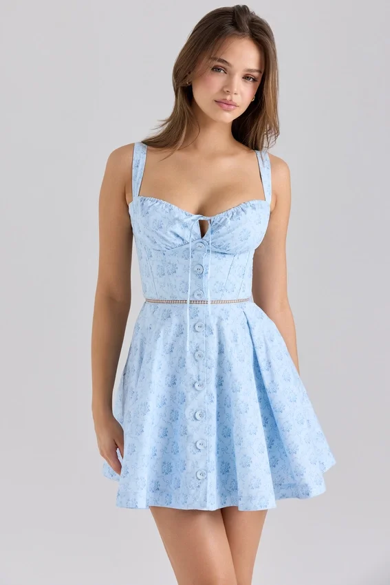 Abito mini in cotone elasticizzato con stampa floreale blu Calia Abito mini in cotone elasticizzato con stampa floreale blu Calia