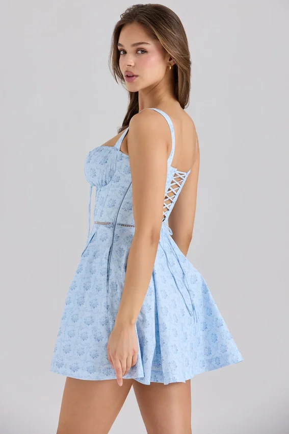 Abito mini in cotone elasticizzato con stampa floreale blu Calia Abito mini in cotone elasticizzato con stampa floreale blu Calia