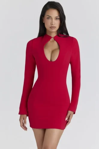 Abito mini in crêpe rosso Lotus con scollo a goccia