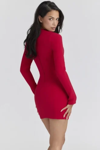 Abito mini in crêpe rosso Lotus con scollo a goccia