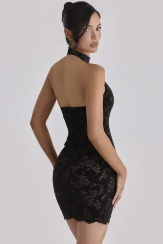 Abito mini nero con collo alto in pizzo e fiocchi Natalya