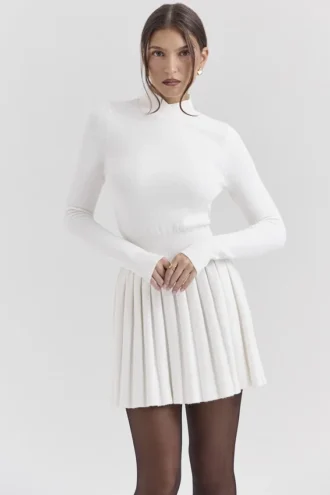 Abito mini plissettato in misto cashmere bianco Willow
