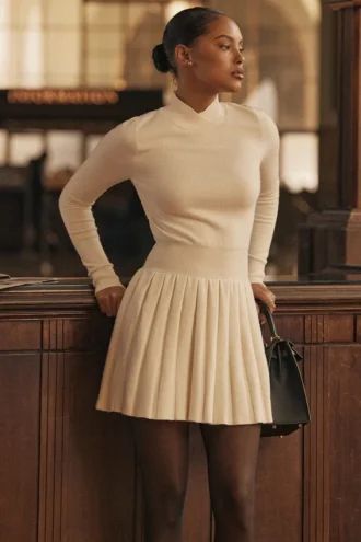 Abito mini plissettato in misto cashmere bianco Willow