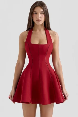 Abito mini rosso con scollo all’americana e fiocchi Loulette