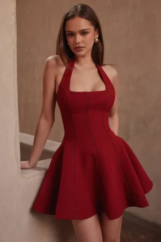 Abito mini rosso con scollo all’americana e fiocchi Loulette