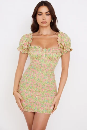 Abito mini vintage a maniche a sbuffo con motivo floreale Tanaya