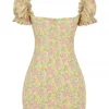 Abito mini vintage a maniche a sbuffo con motivo floreale Tanaya