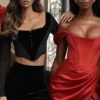 Abito rosso in raso con spalle scoperte Loretta