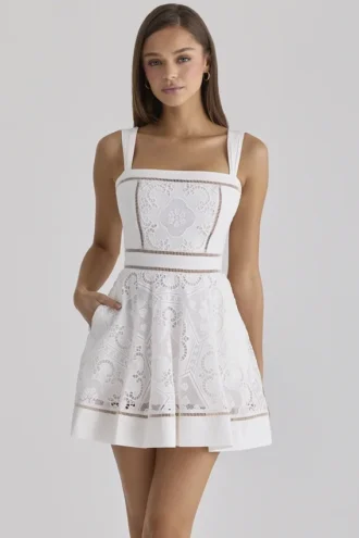 Ava White Abito Estivo mini in cotone con pizzo broderie anglaise personalizzato