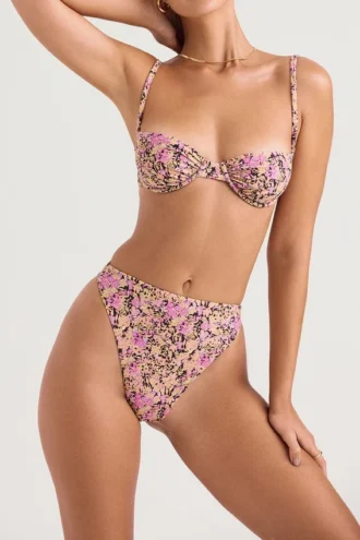 Bikini a vita alta Mykonos con stampa floreale color oliva della Parte Inferiore