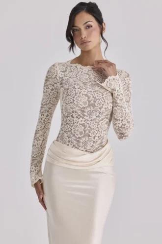 Body a maniche lunghe in pizzo avorio vintage Ellie