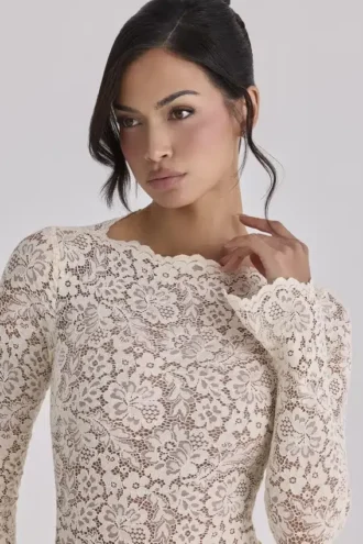 Body a maniche lunghe in pizzo avorio vintage Ellie